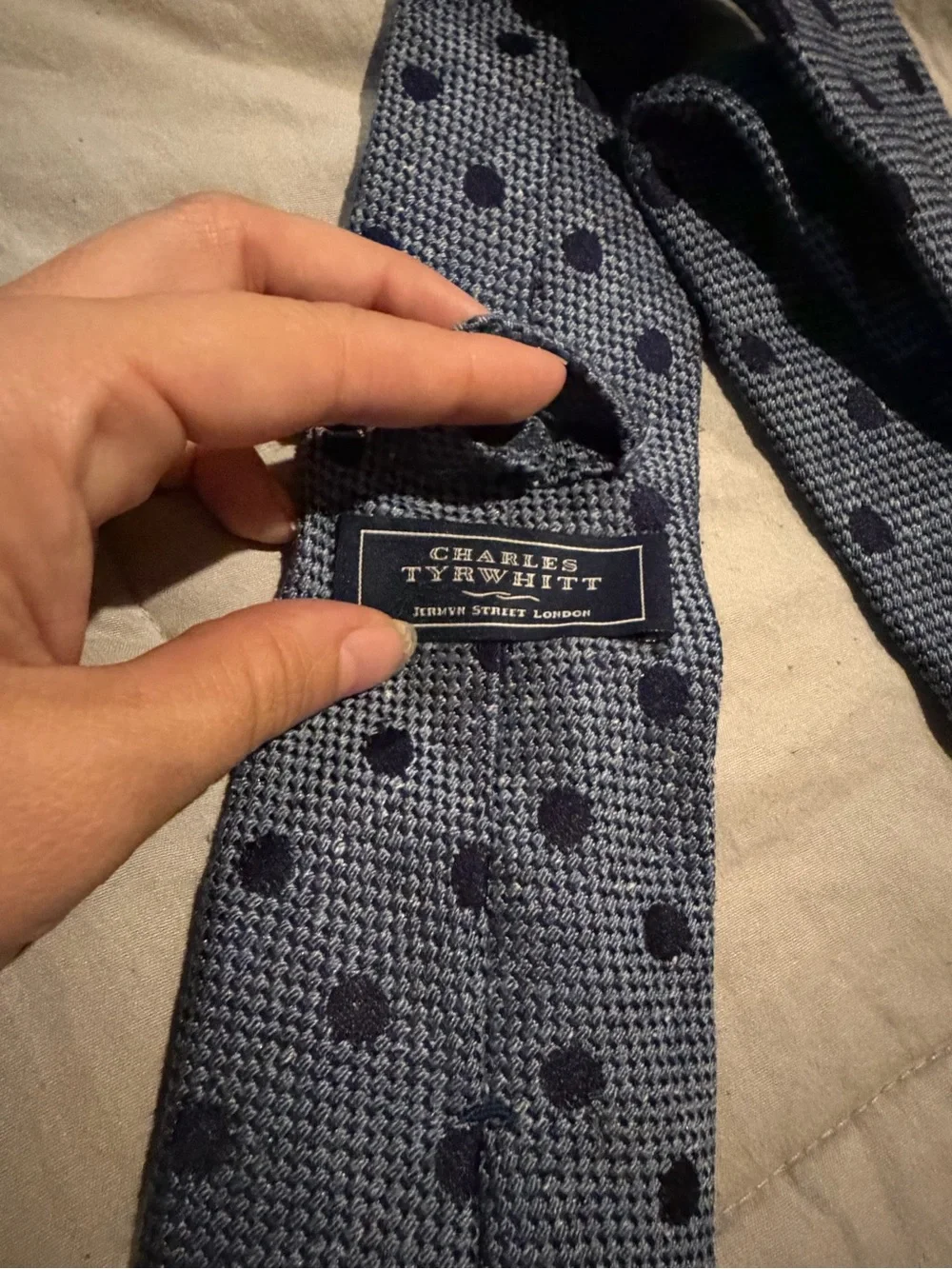 Charles Tyrwhitt Light Blue Knit Tie with Navy Polka Dots